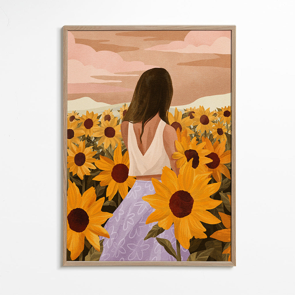 Botanisk poster: kvinna bland solrosor