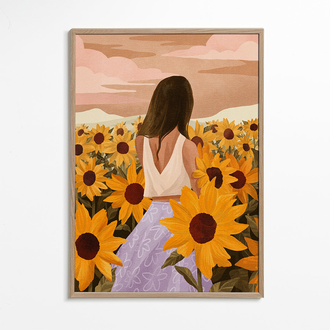 Botanisk poster: kvinna bland solrosor