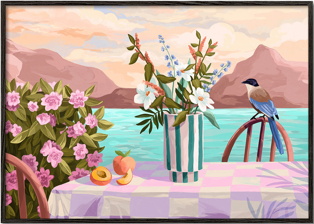 Botanisk poster med vas och frukt vid havet
