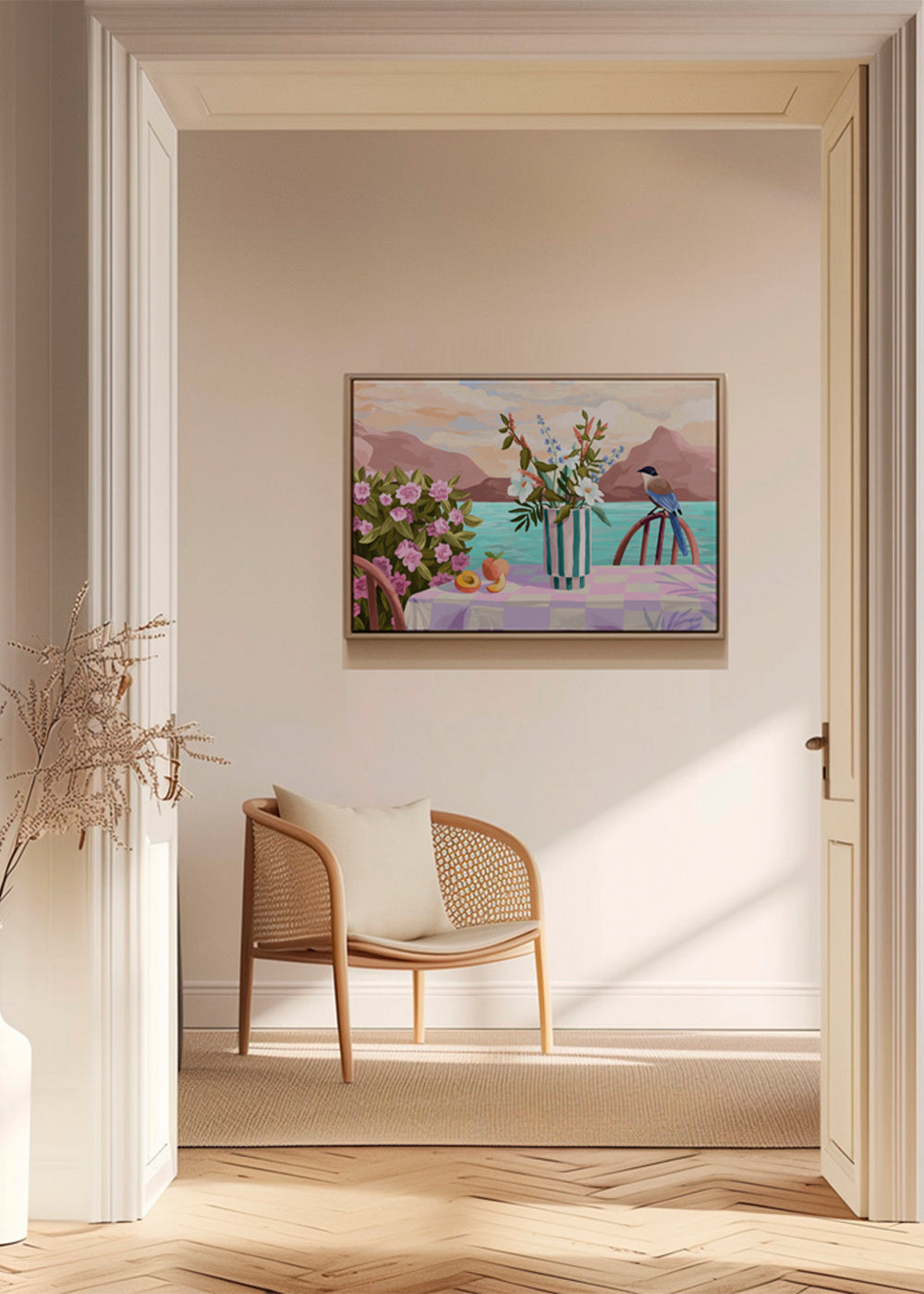 Botanisk poster med vas och frukt vid havet