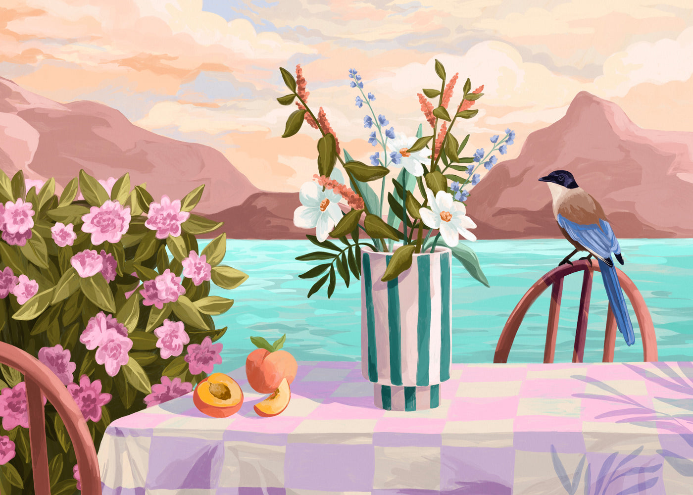 Botanisk poster med vas och frukt vid havet