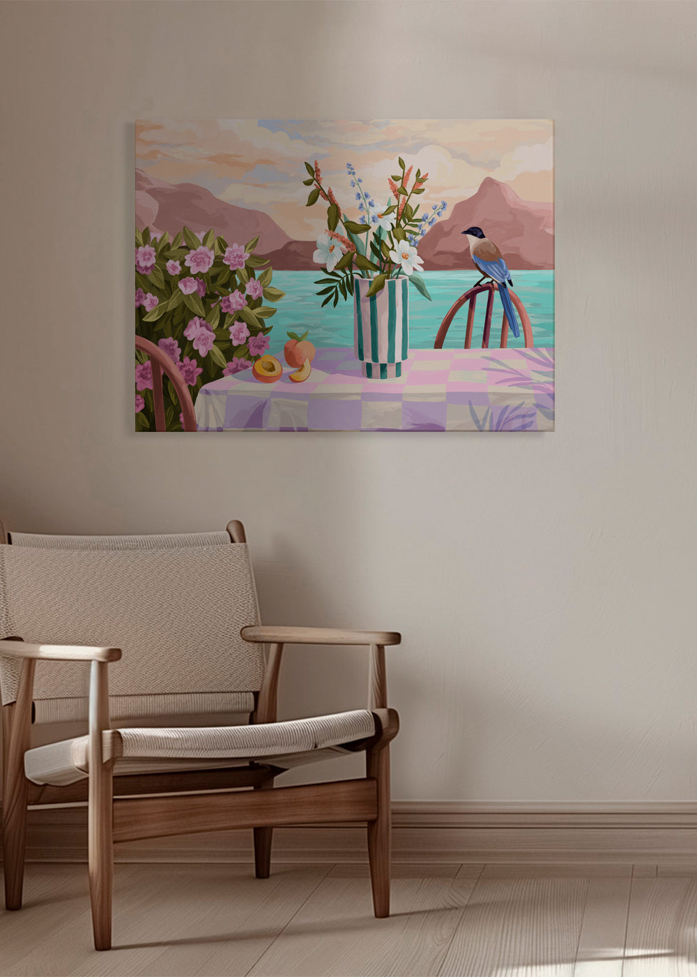 Botanisk poster med vas och frukt vid havet