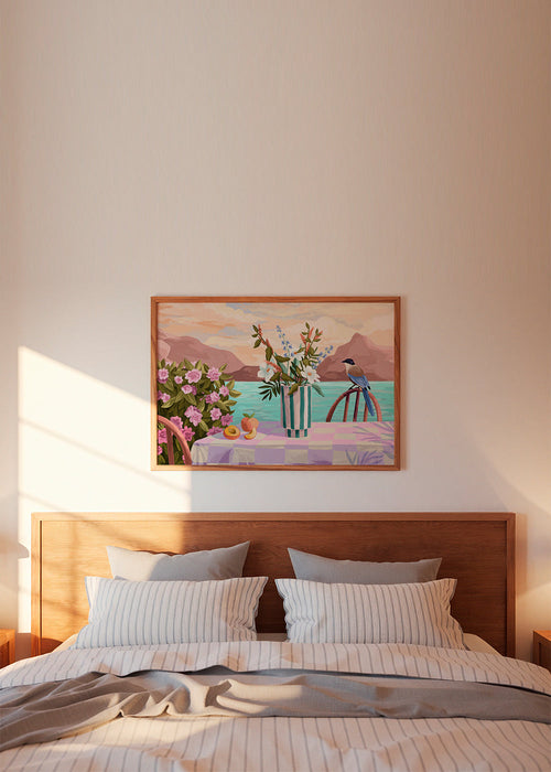 Botanisk poster med vas och frukt vid havet