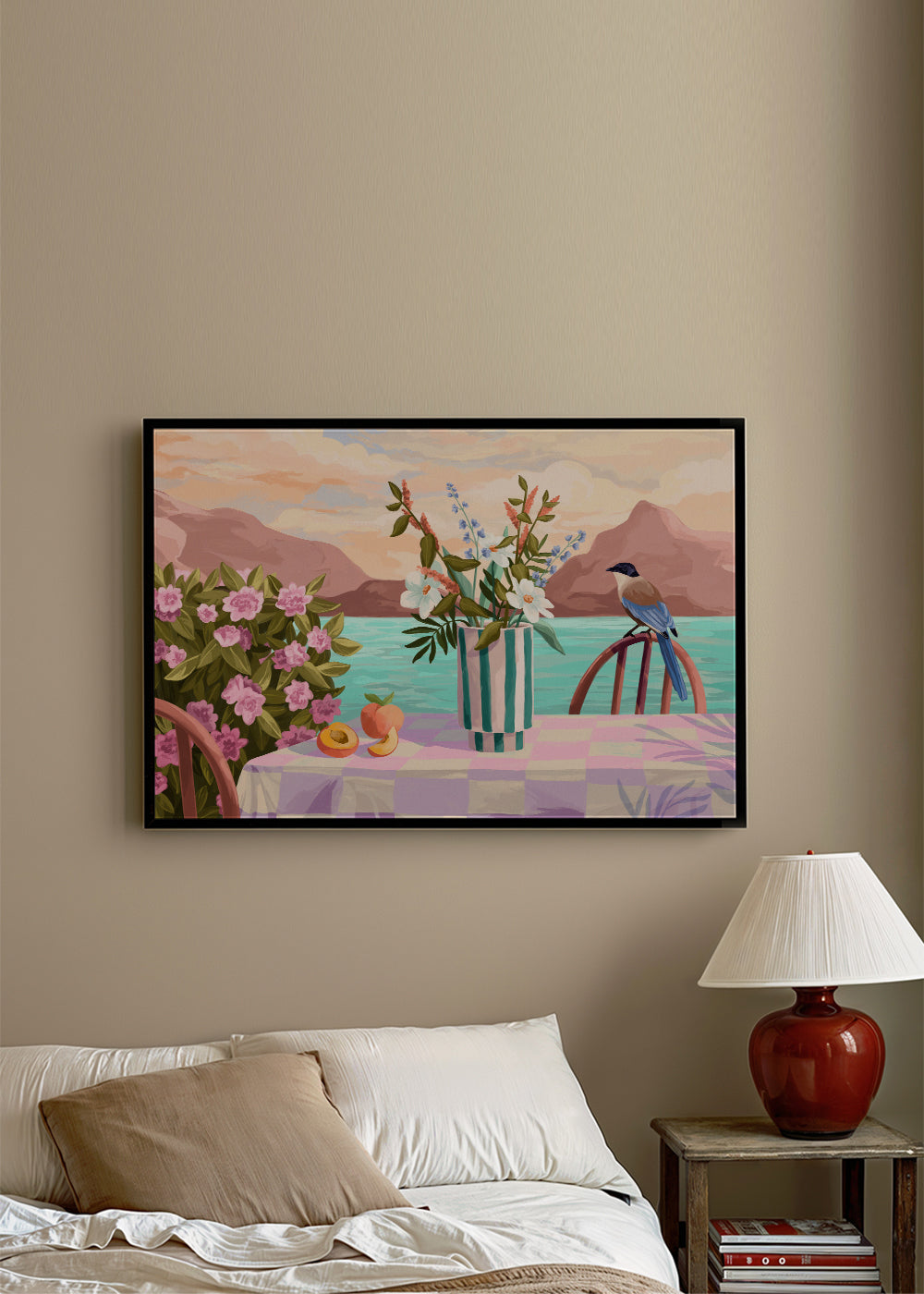 Botanisk poster med vas och frukt vid havet