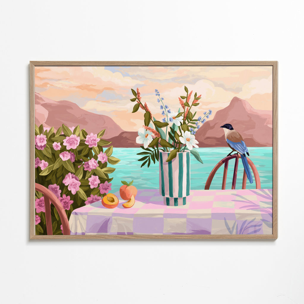 Botanisk poster med vas och frukt vid havet