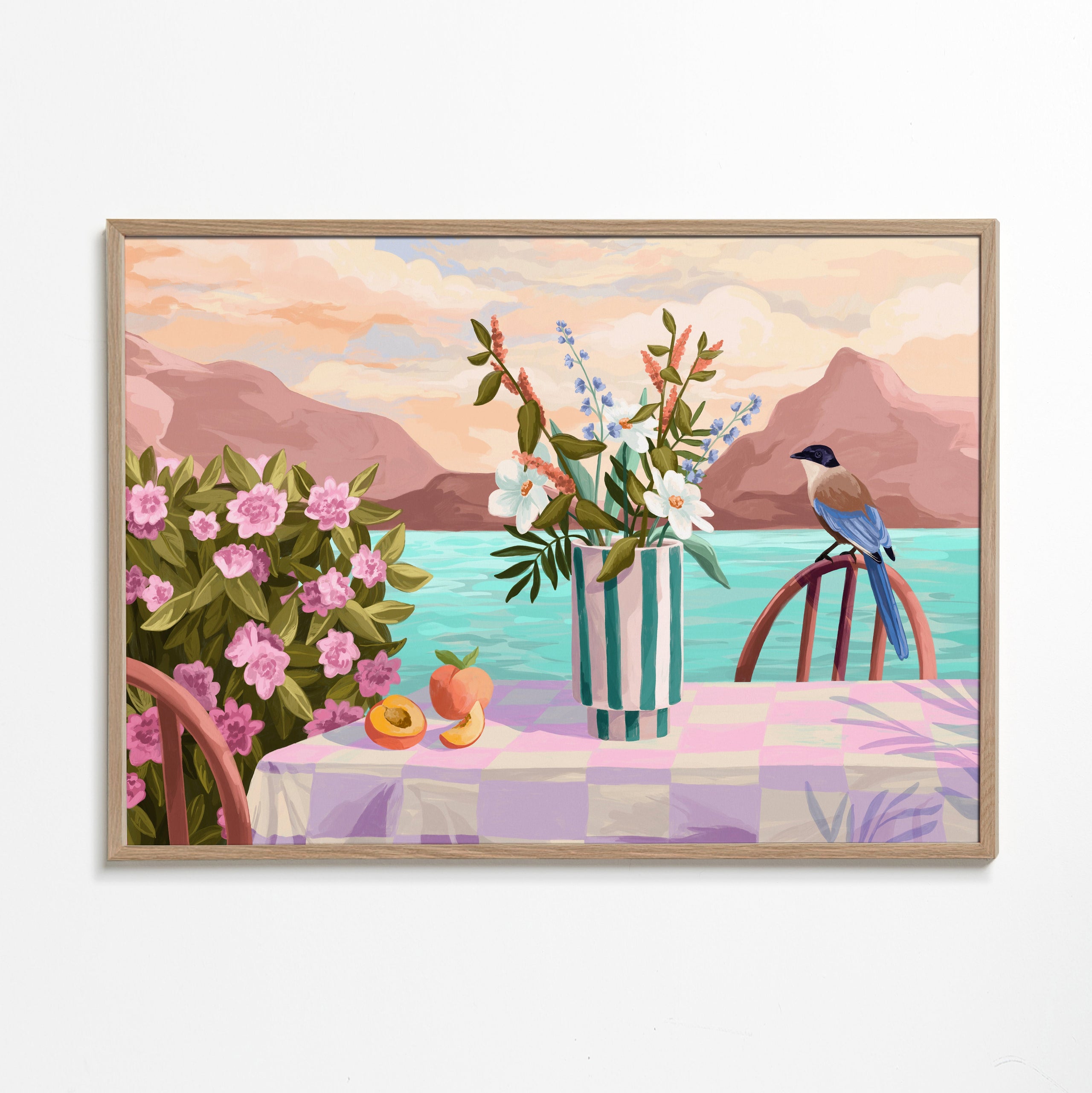 Botanisk poster med vas och frukt vid havet