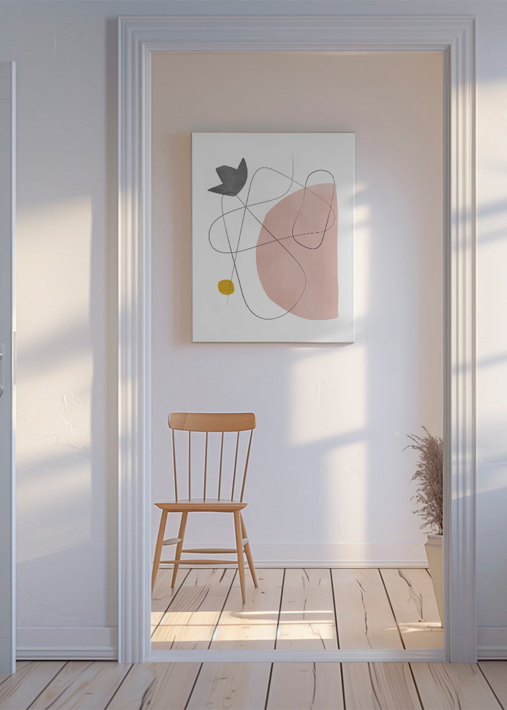 Abstrakt konst med rosa form och linjedrag