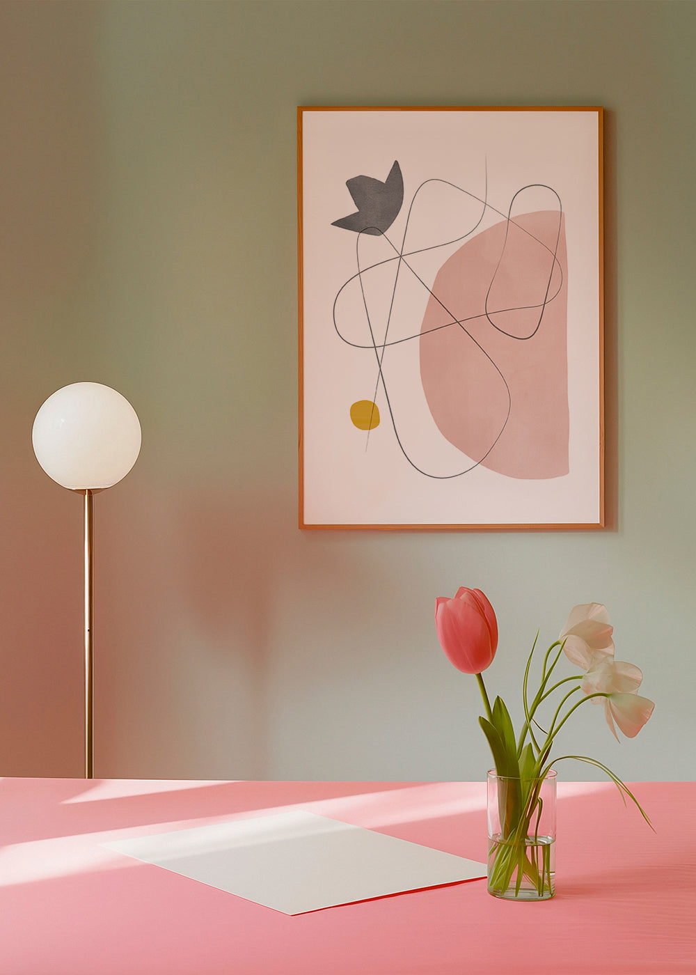 Abstrakt konst med rosa form och linjedrag