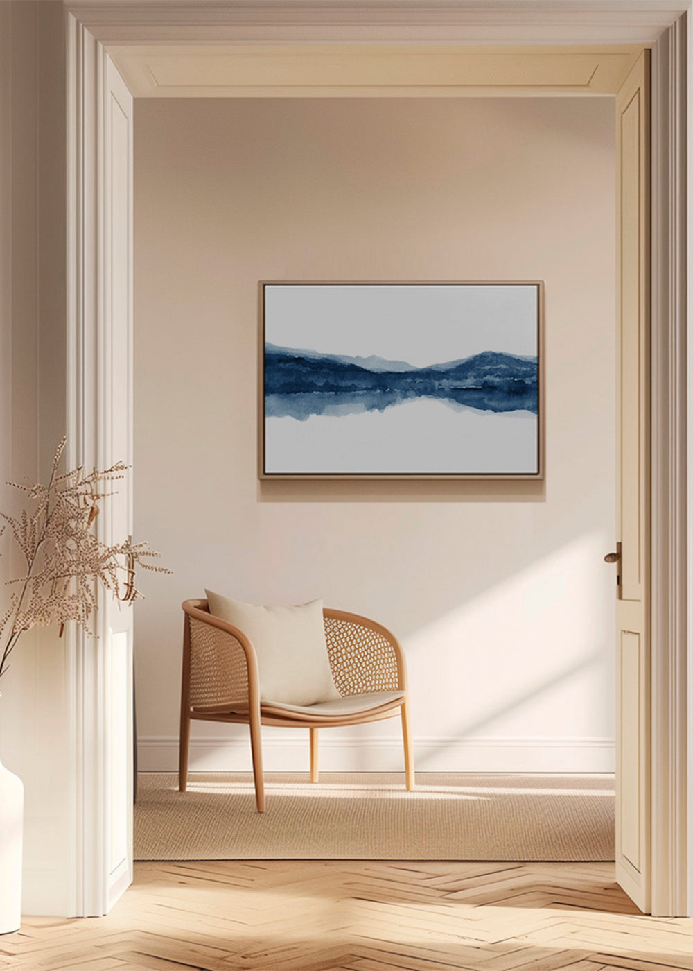 Landskapsakvarell i blått med reflektion