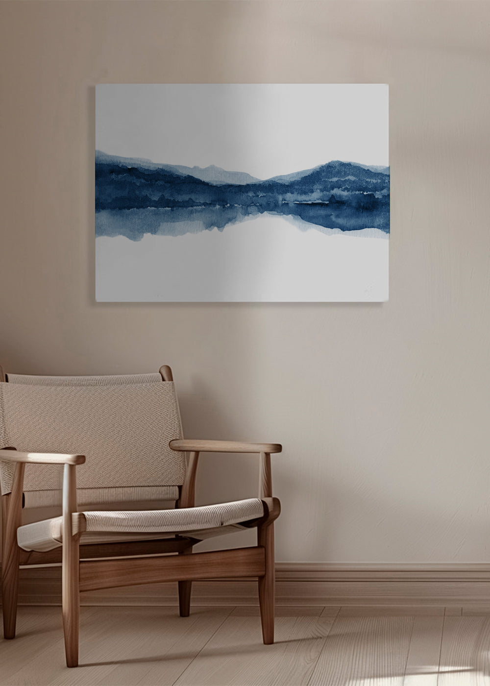 Landskapsakvarell i blått med reflektion