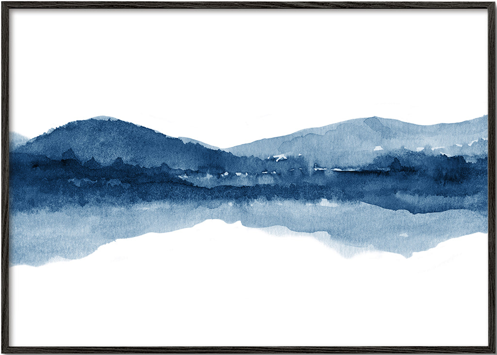 Akvarellandskap med berg och spegelreflektion