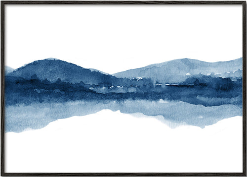Akvarellandskap med berg och spegelreflektion