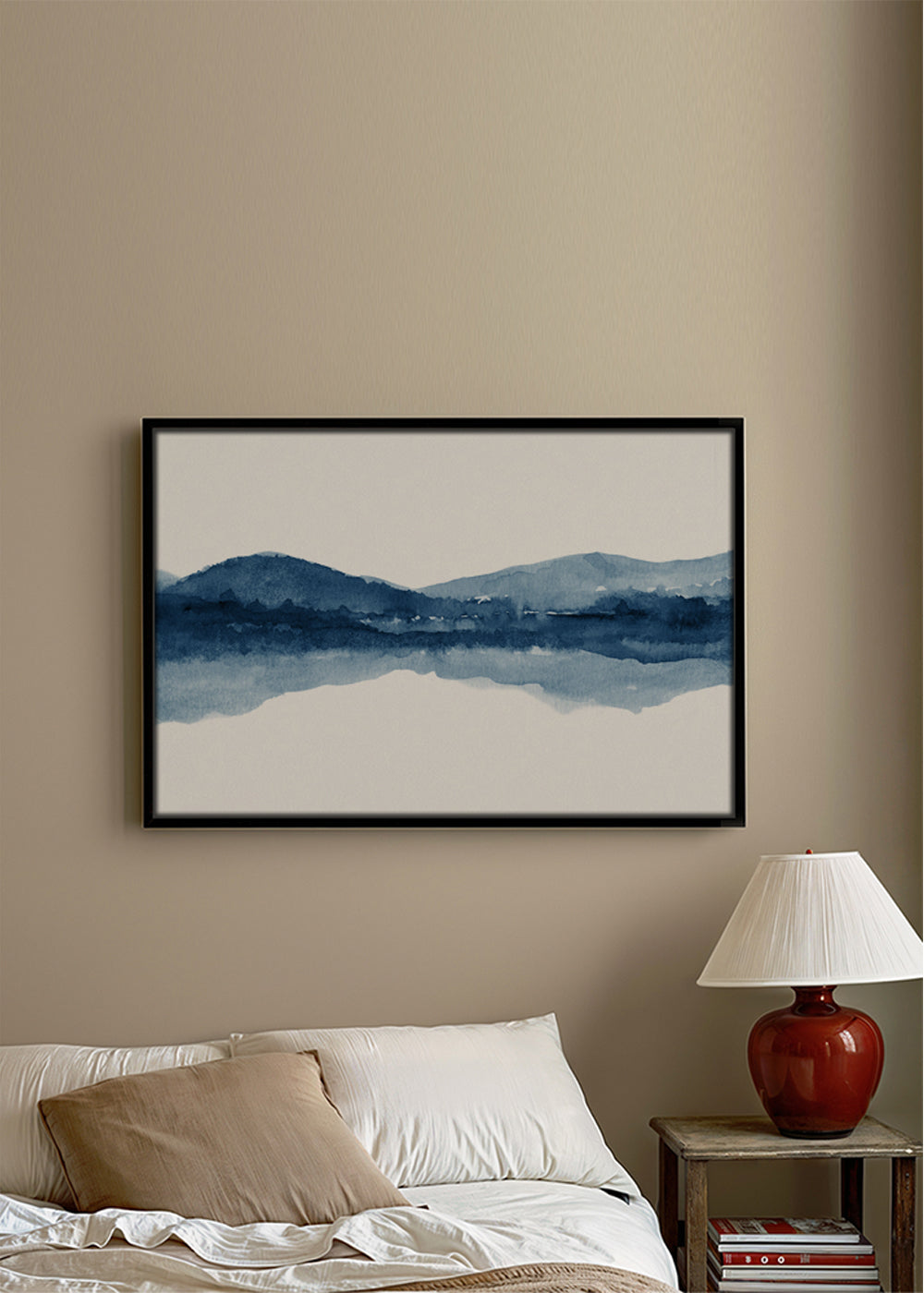 Akvarellandskap med berg och spegelreflektion