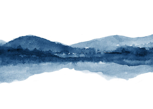 Akvarellandskap med berg och spegelreflektion