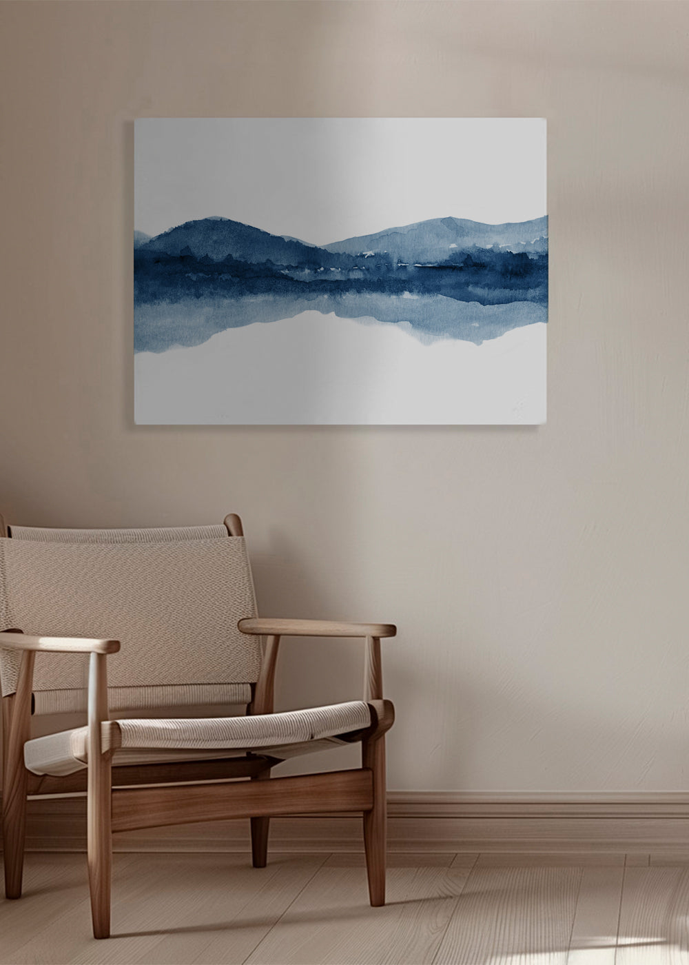 Akvarellandskap med berg och spegelreflektion