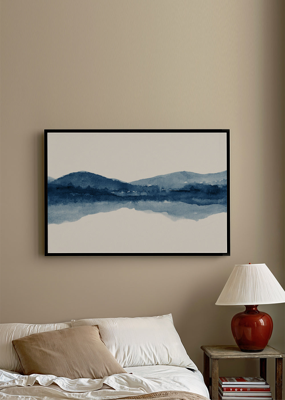 Akvarellandskap med berg och spegelreflektion