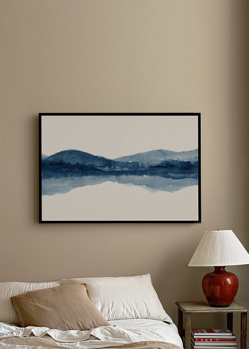 Akvarellandskap med berg och spegelreflektion