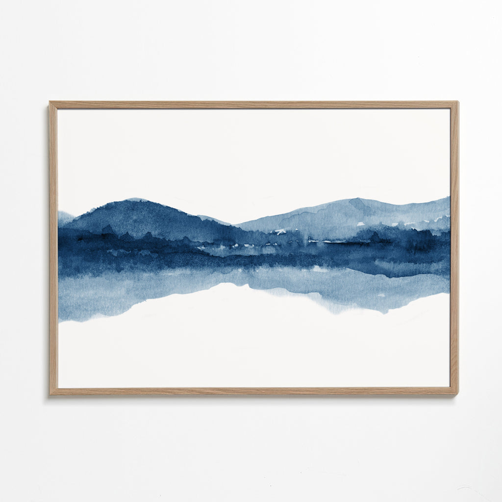 Akvarellandskap med berg och spegelreflektion