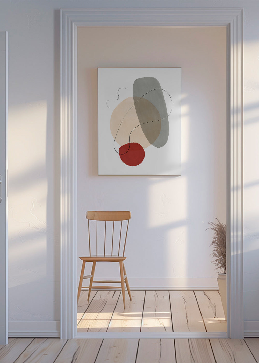 Abstrakt konstverk med organiska former i beige och grått