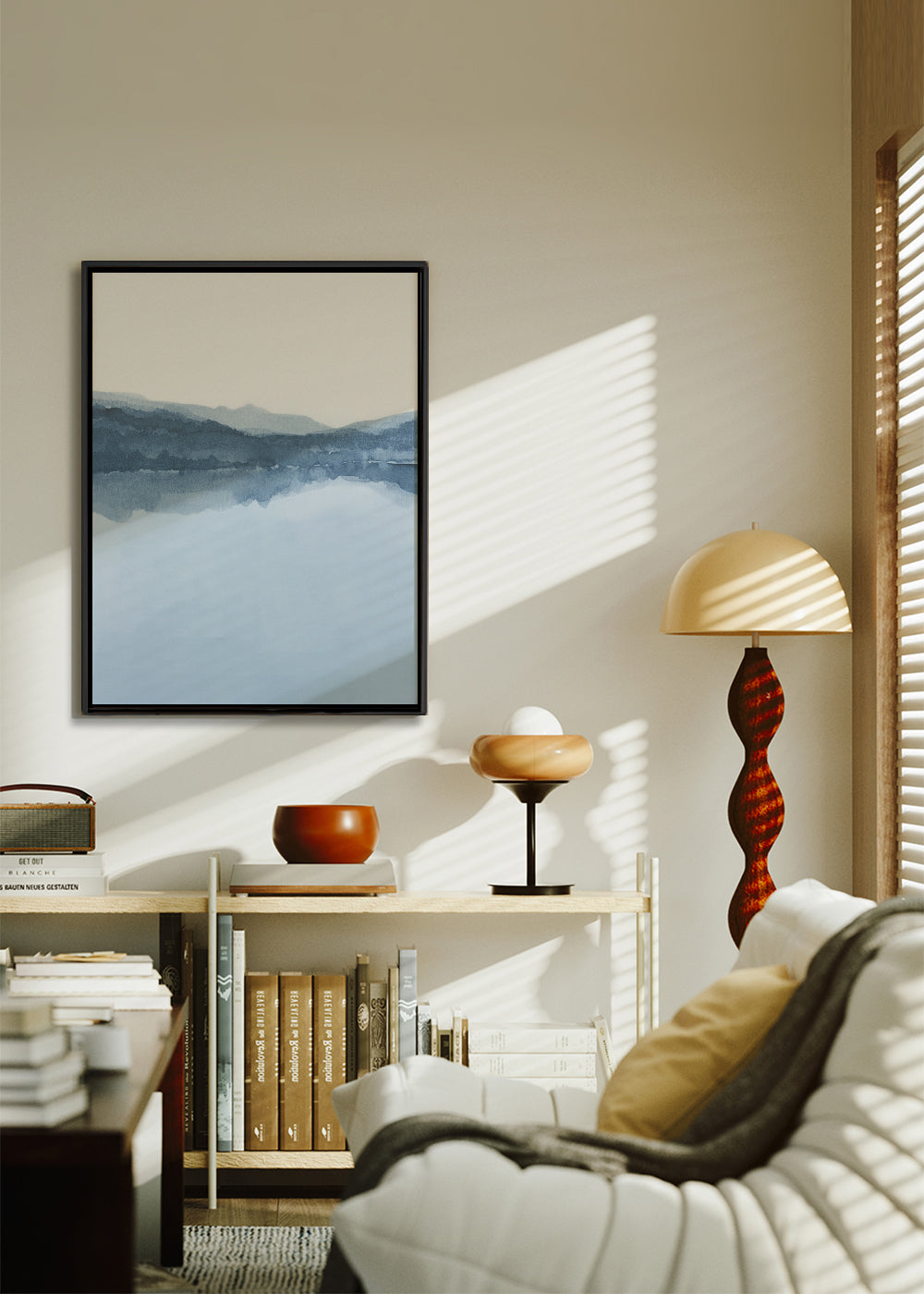 Akvarellandskap med blå reflektion