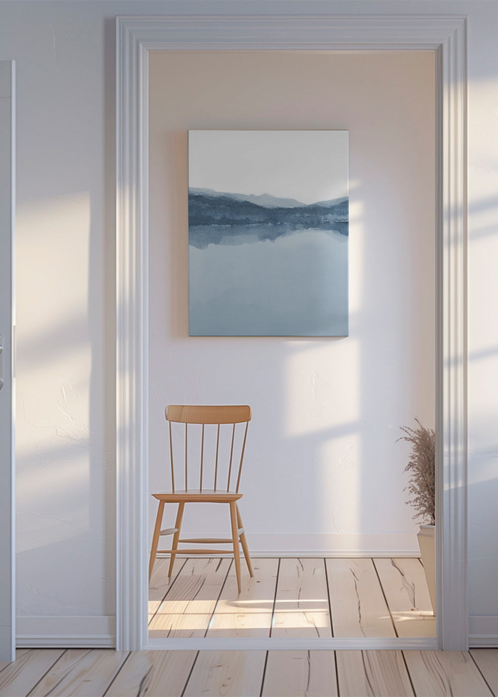 Akvarellandskap med blå reflektion