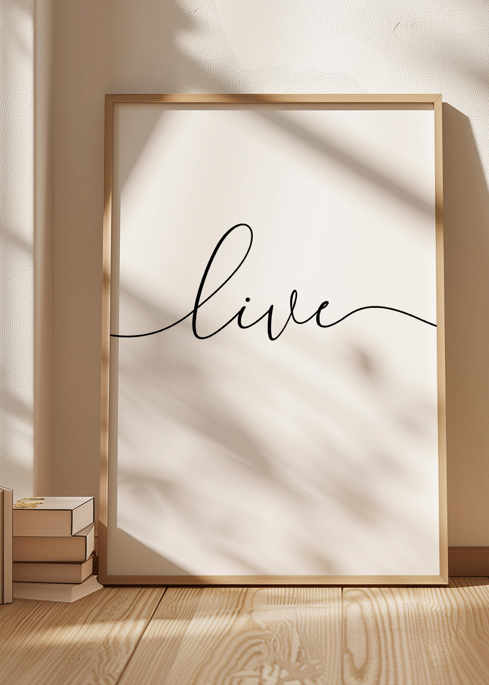 Minimalistiskt konsttryck med texten 'Live'
