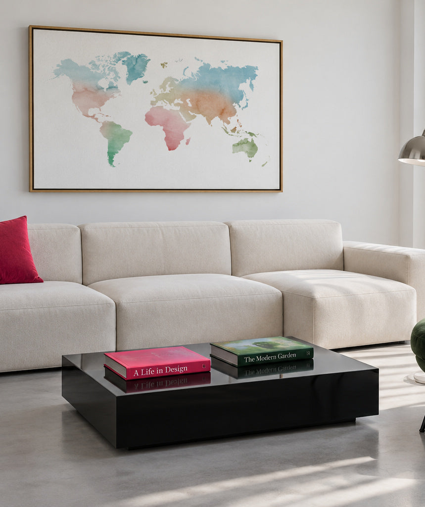 Watercolor World Map - Pastel colors - Framed canvas in an interior