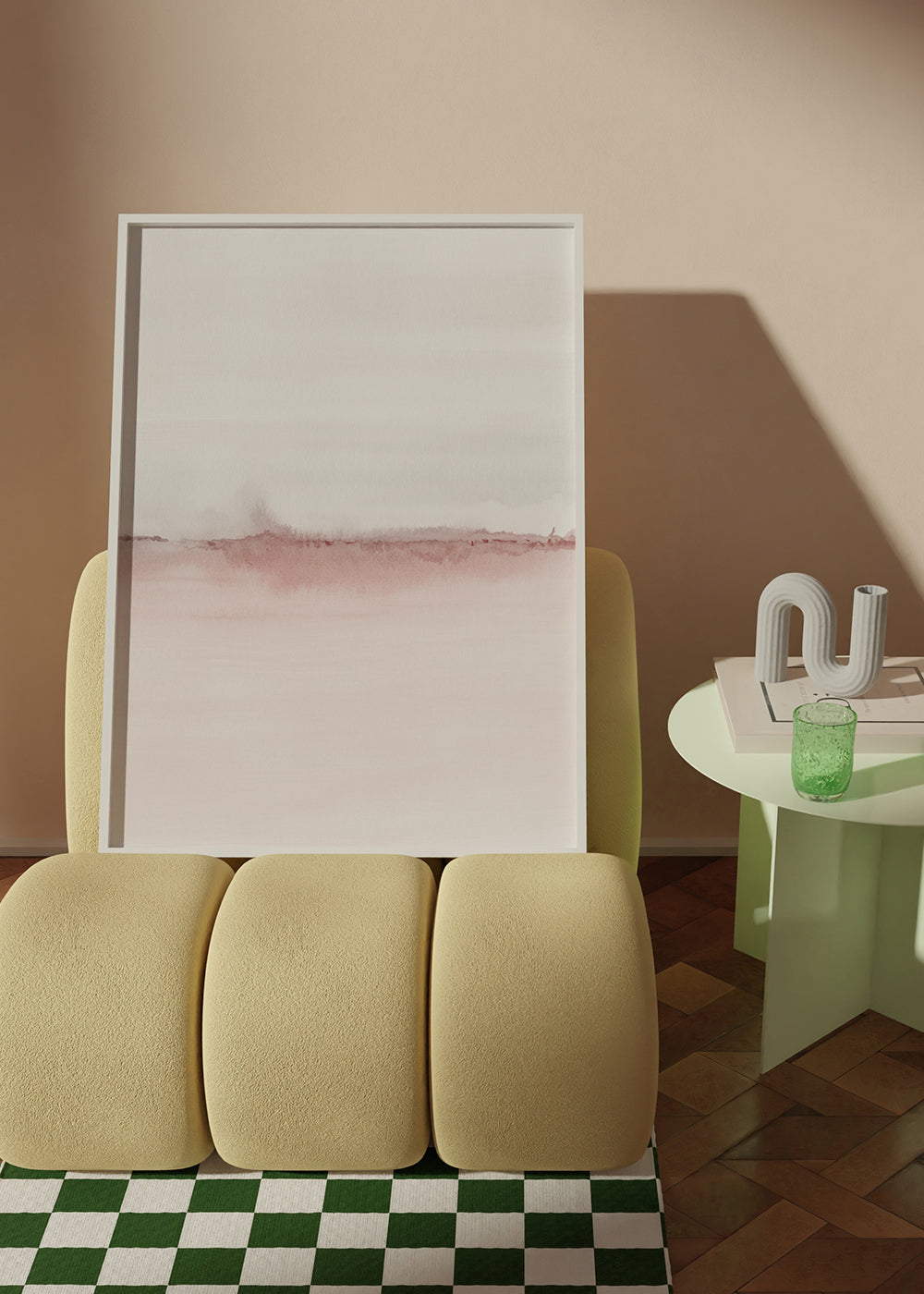 Akvarellandskap med rosa horisont