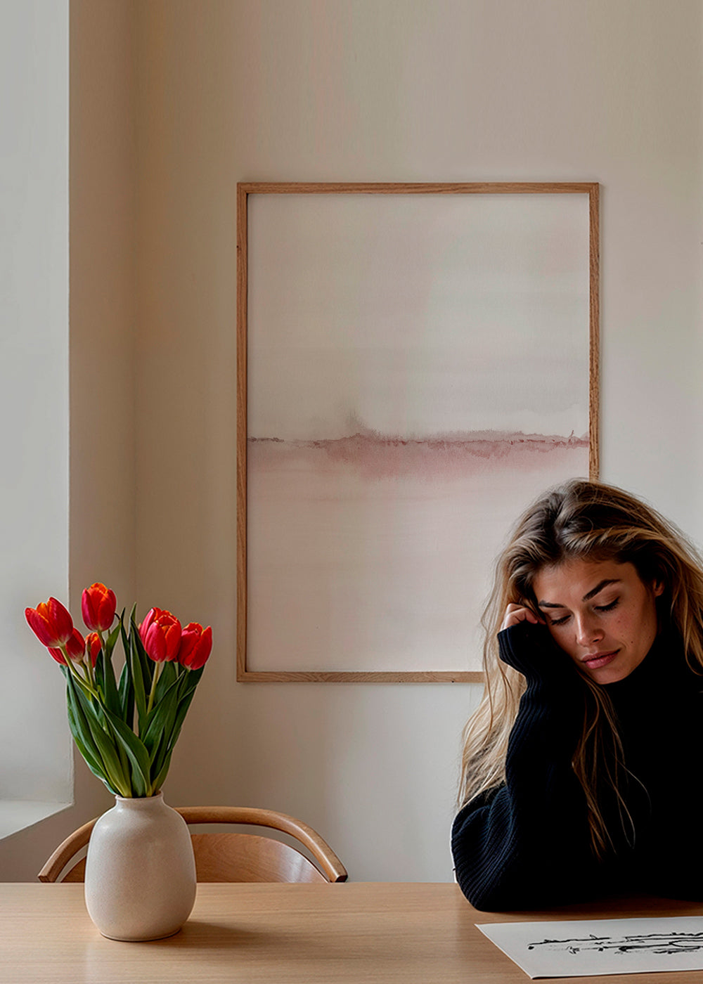 Akvarellandskap med rosa horisont