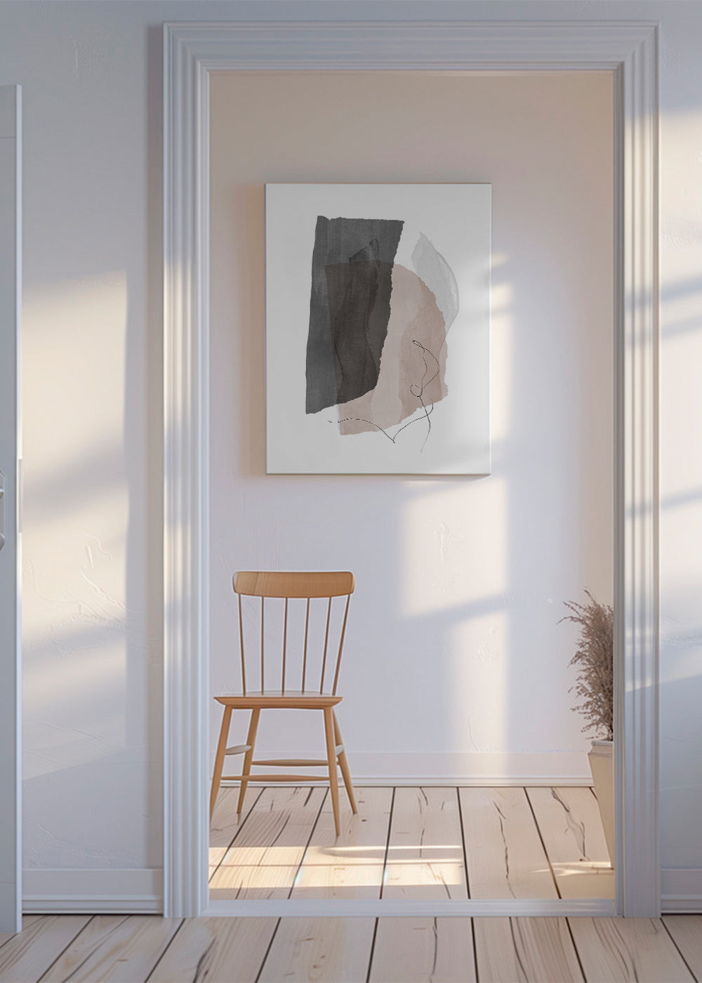 Abstrakt konst i grått och beige med linjedrag