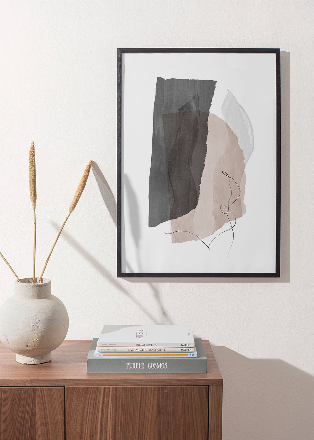 Abstrakt konst i grått och beige med linjedrag