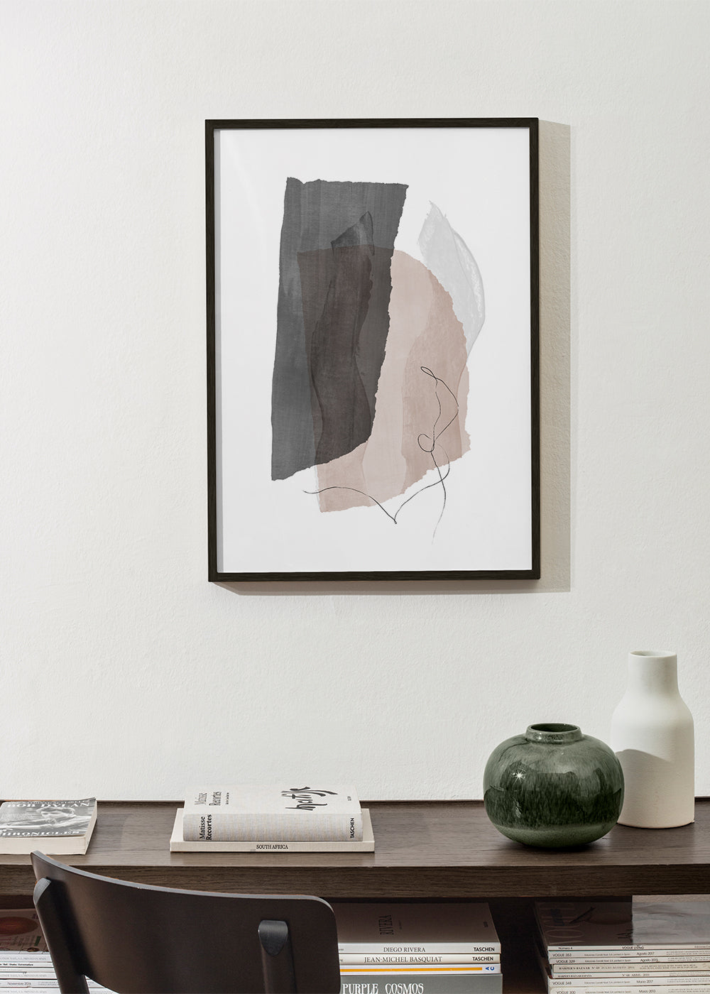 Abstrakt konst i grått och beige med linjedrag