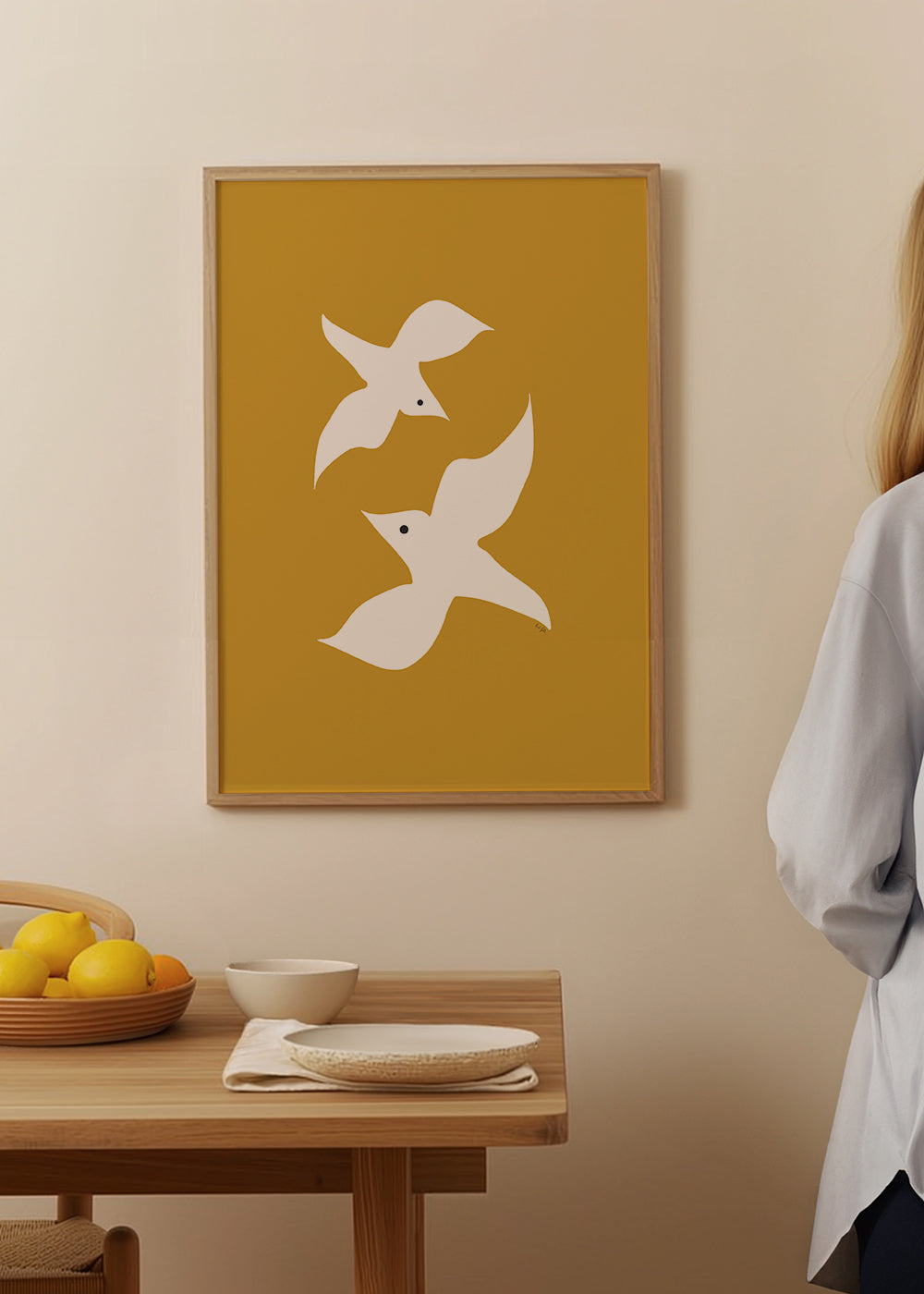 Minimalistisk fågelkonst senap