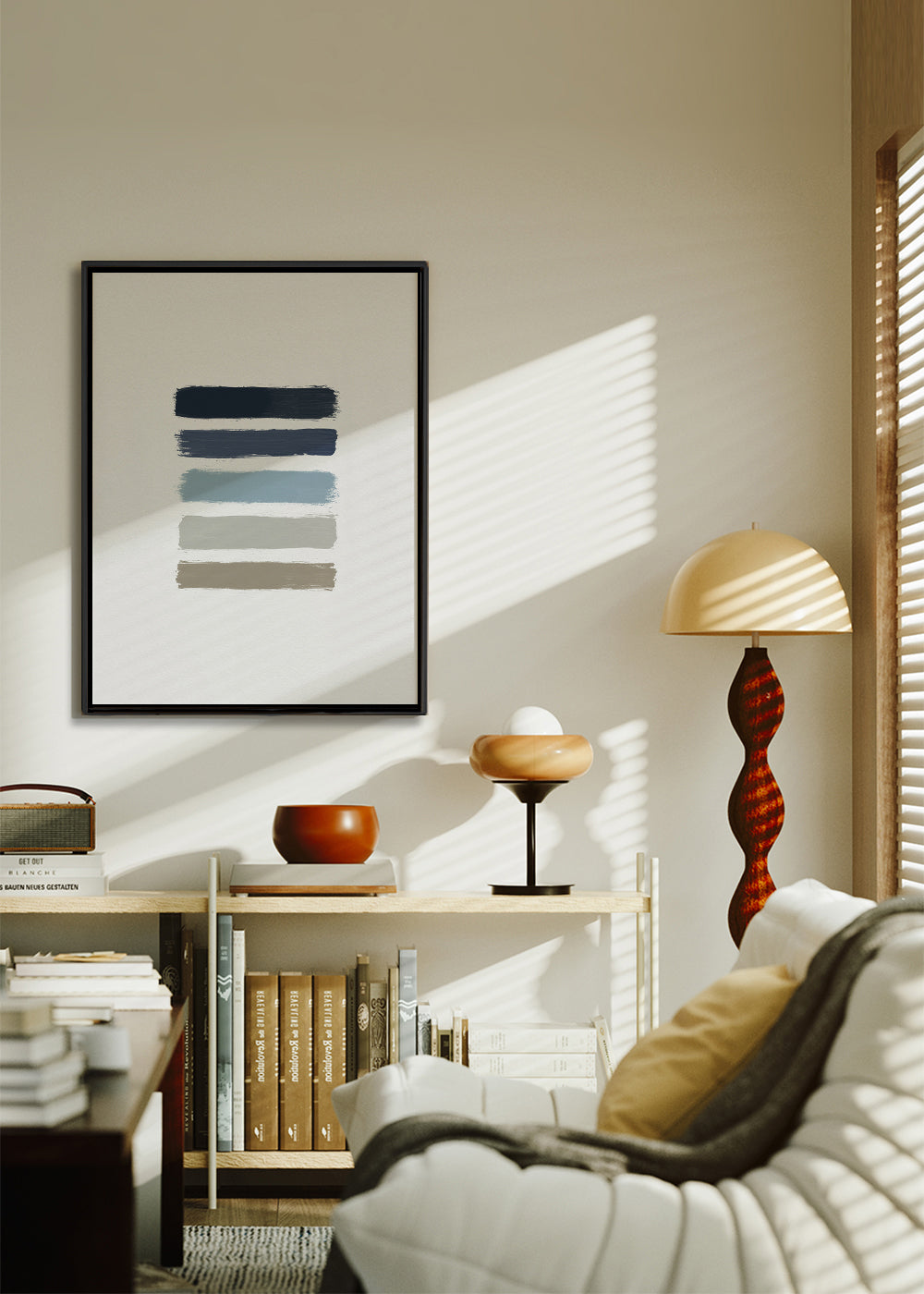 Minimalistisk konst med blå och taupe ränder