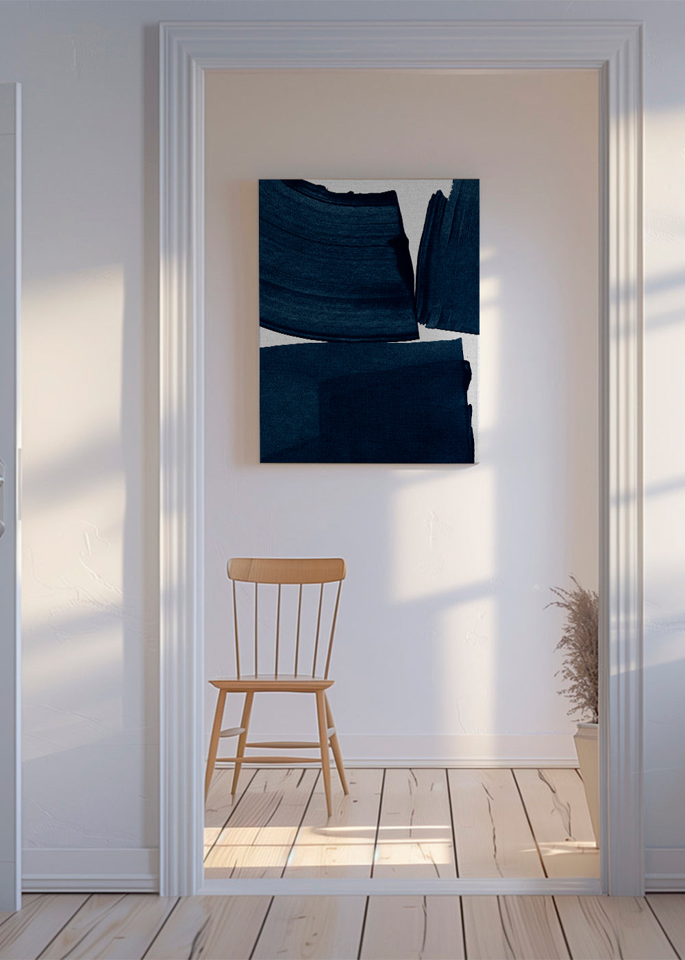 Minimalistisk tavla med blå penseldrag