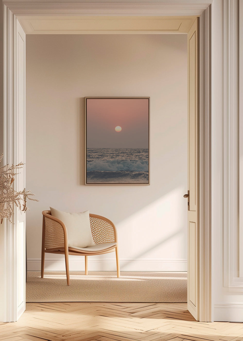 Landskapskonst: rosa solnedgång över havet