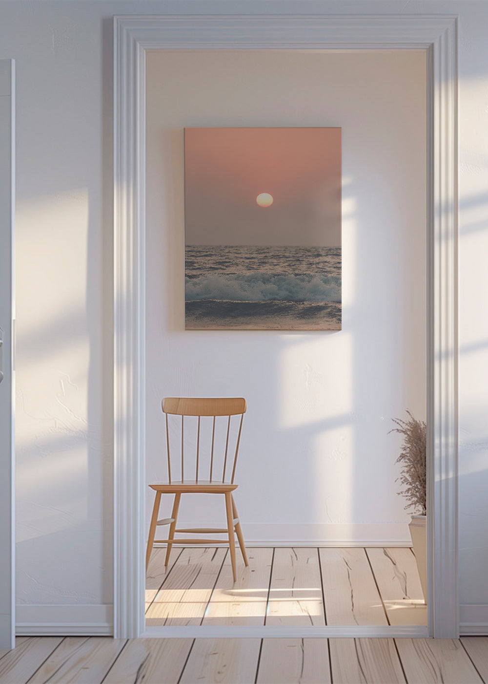 Landskapskonst: rosa solnedgång över havet