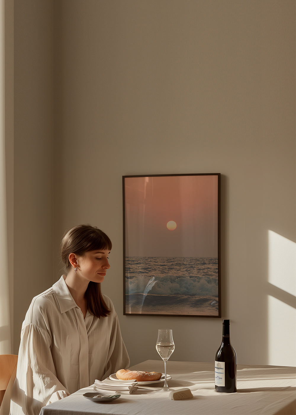 Landskapskonst: rosa solnedgång över havet