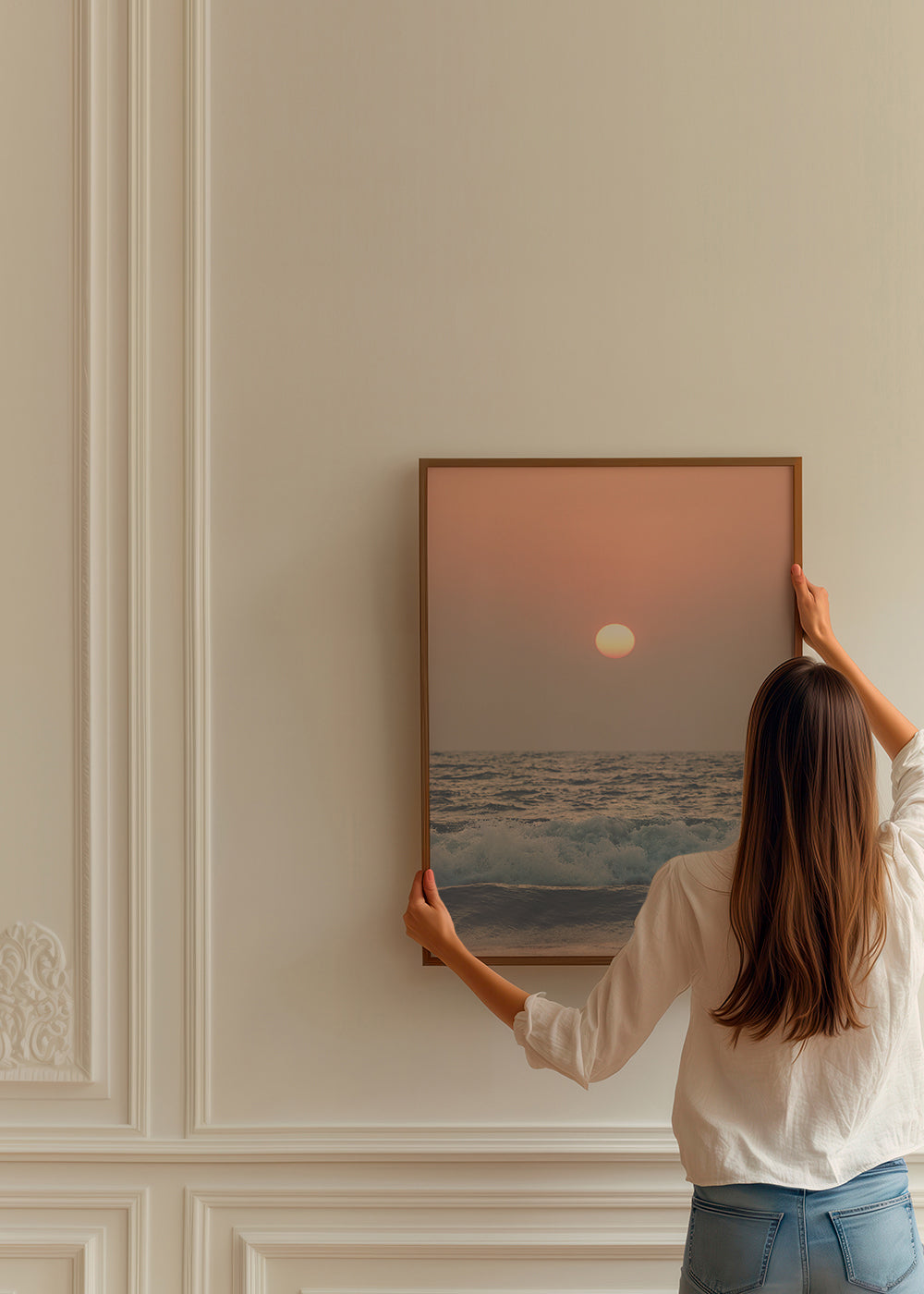 Landskapskonst: rosa solnedgång över havet
