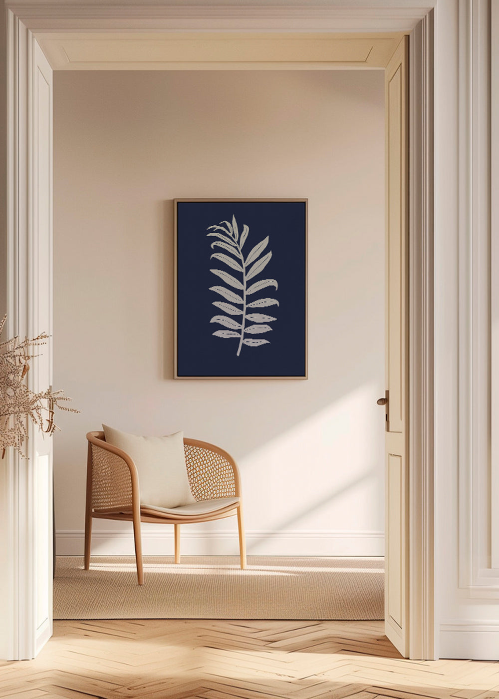 Botanisk poster: palmblad på djupblått