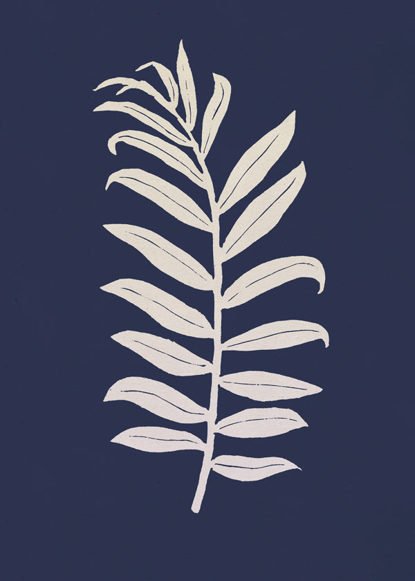 Botanisk poster: palmblad på djupblått
