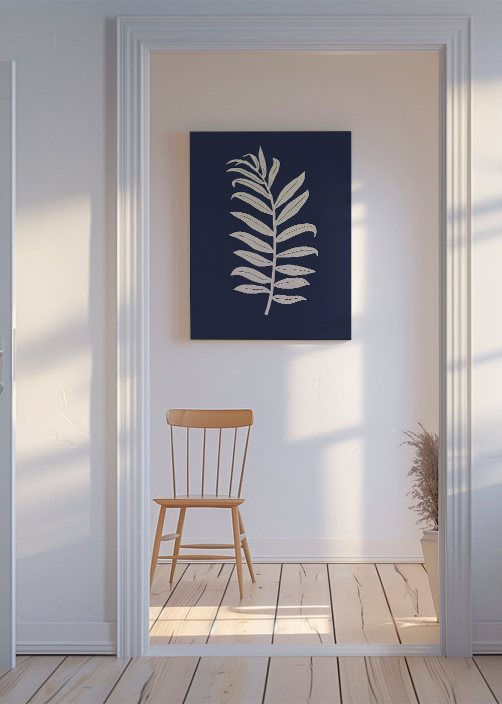 Botanisk poster: palmblad på djupblått