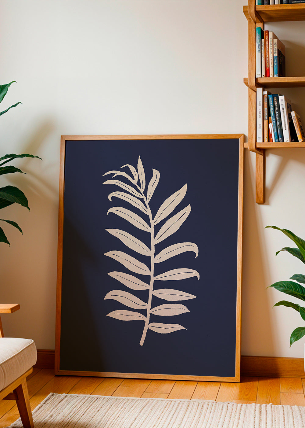 Botanisk poster: palmblad på djupblått