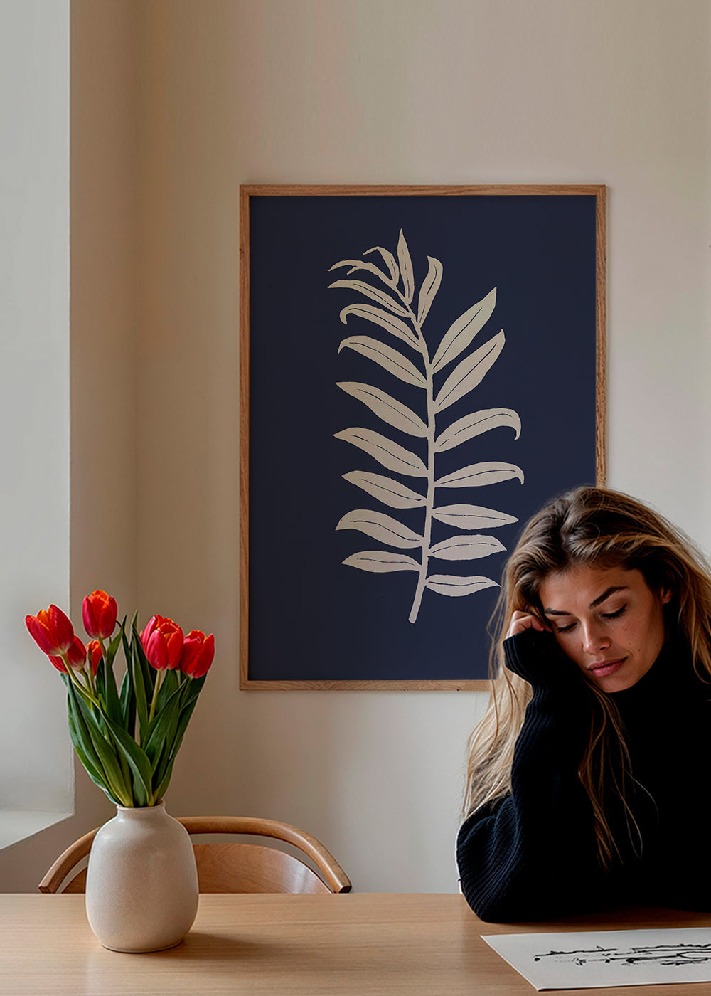 Botanisk poster: palmblad på djupblått