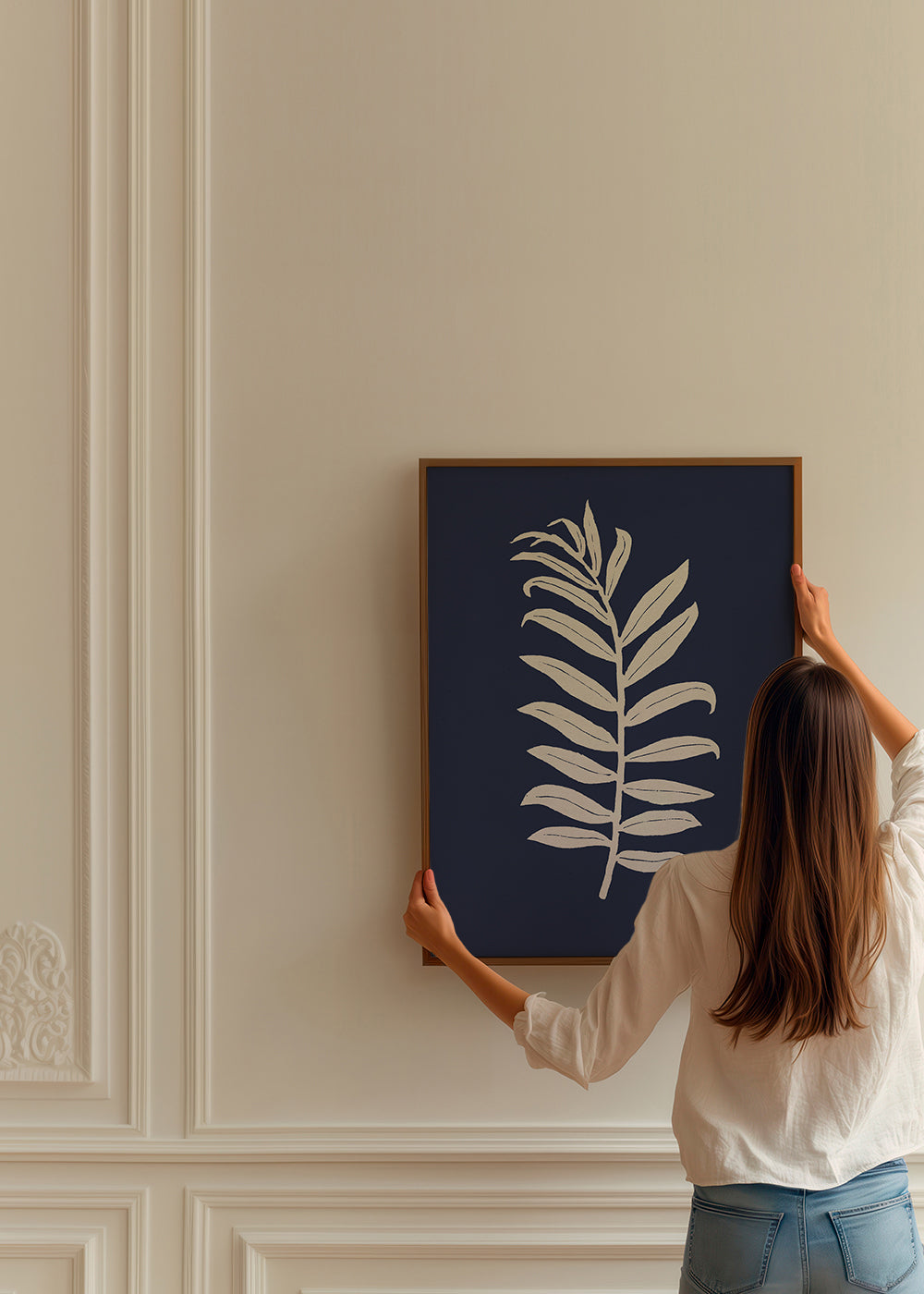 Botanisk poster: palmblad på djupblått