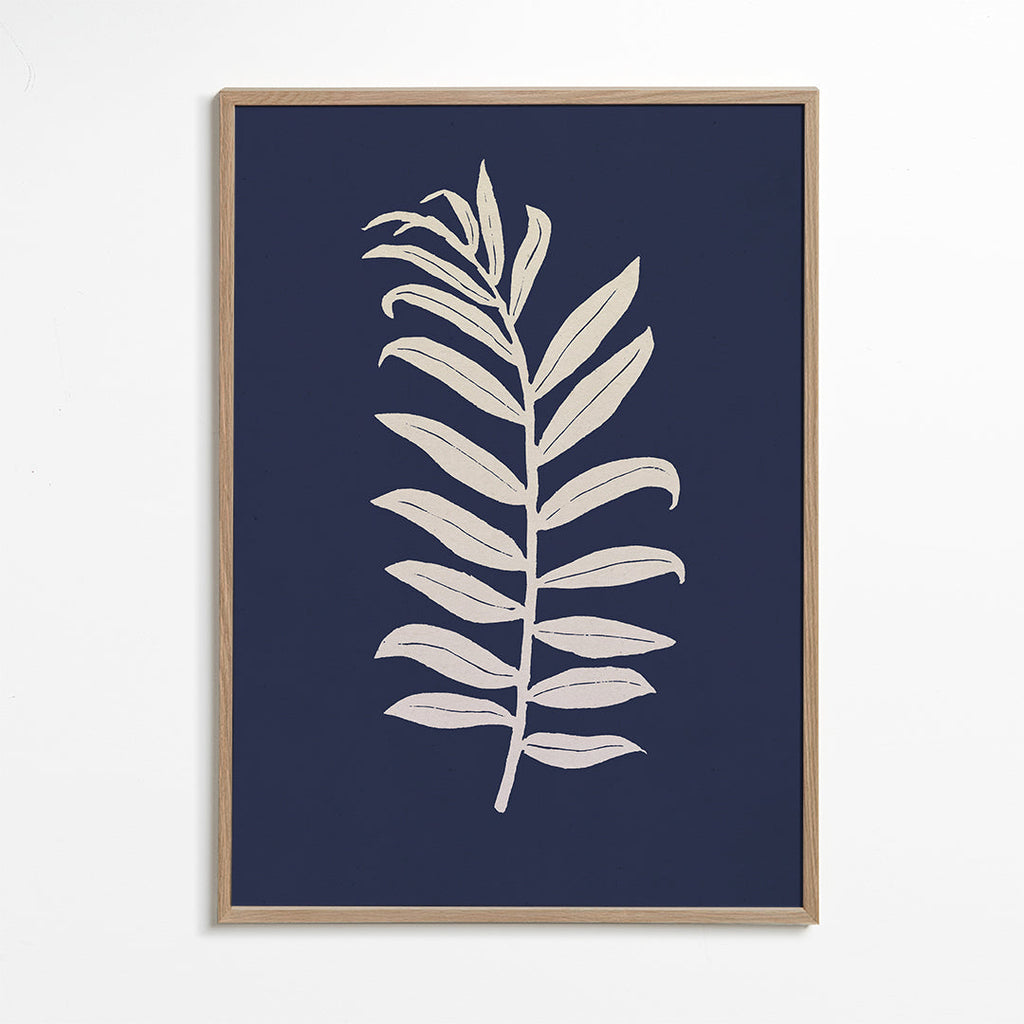 Botanisk poster: palmblad på djupblått