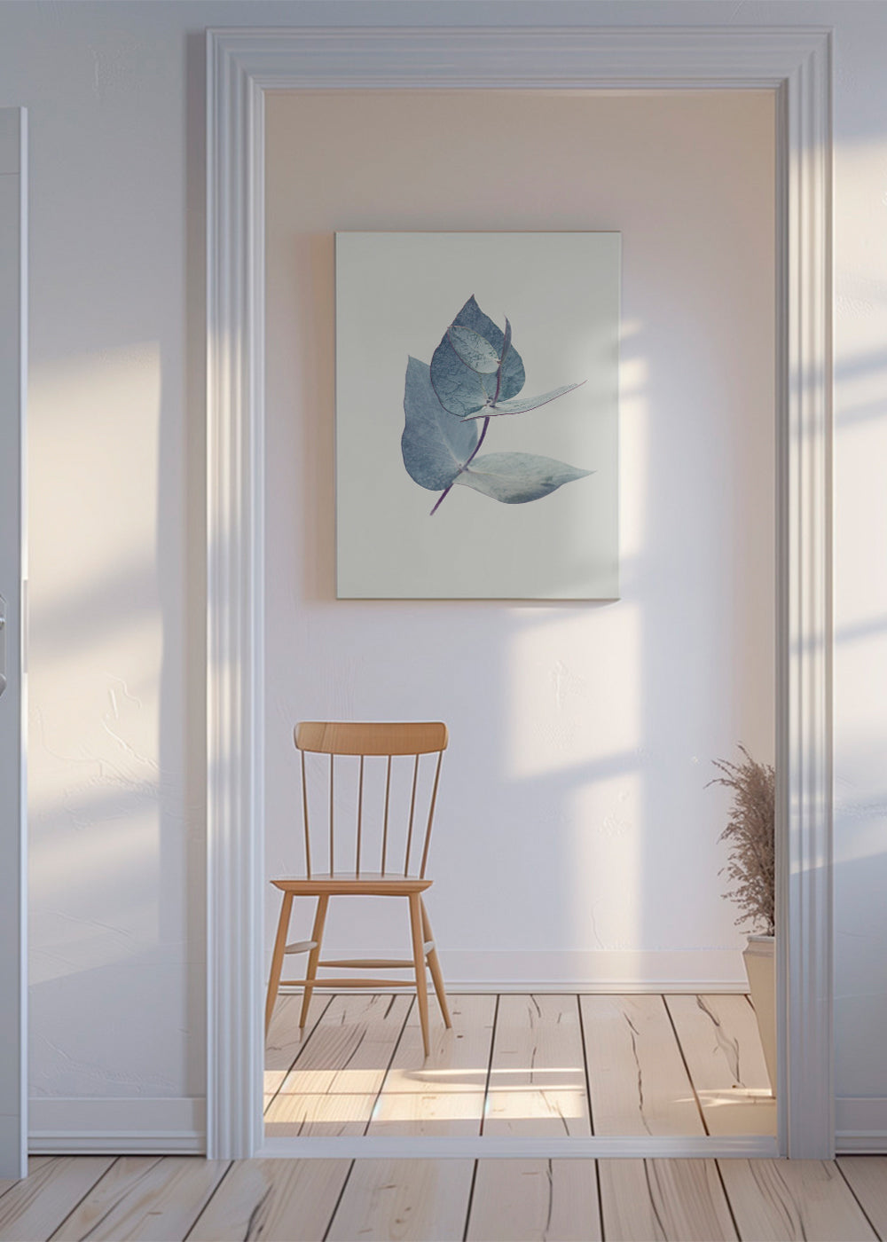 Botanisk poster: eukalyptusblad i mjuk blå ton