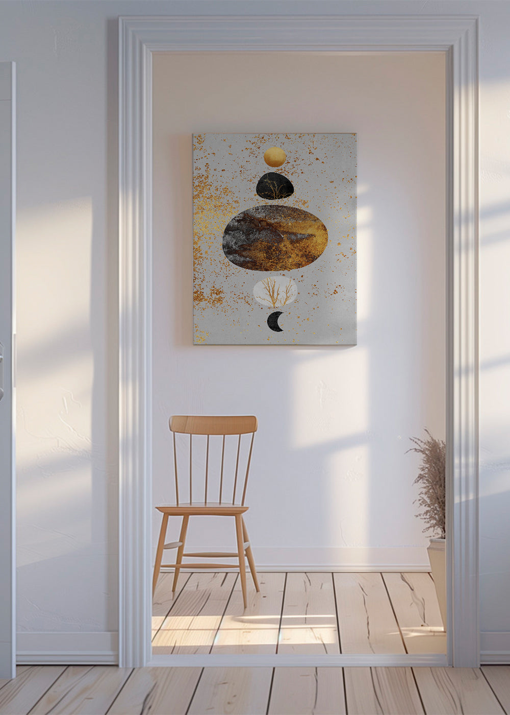 Abstrakt tavla med guld och måne