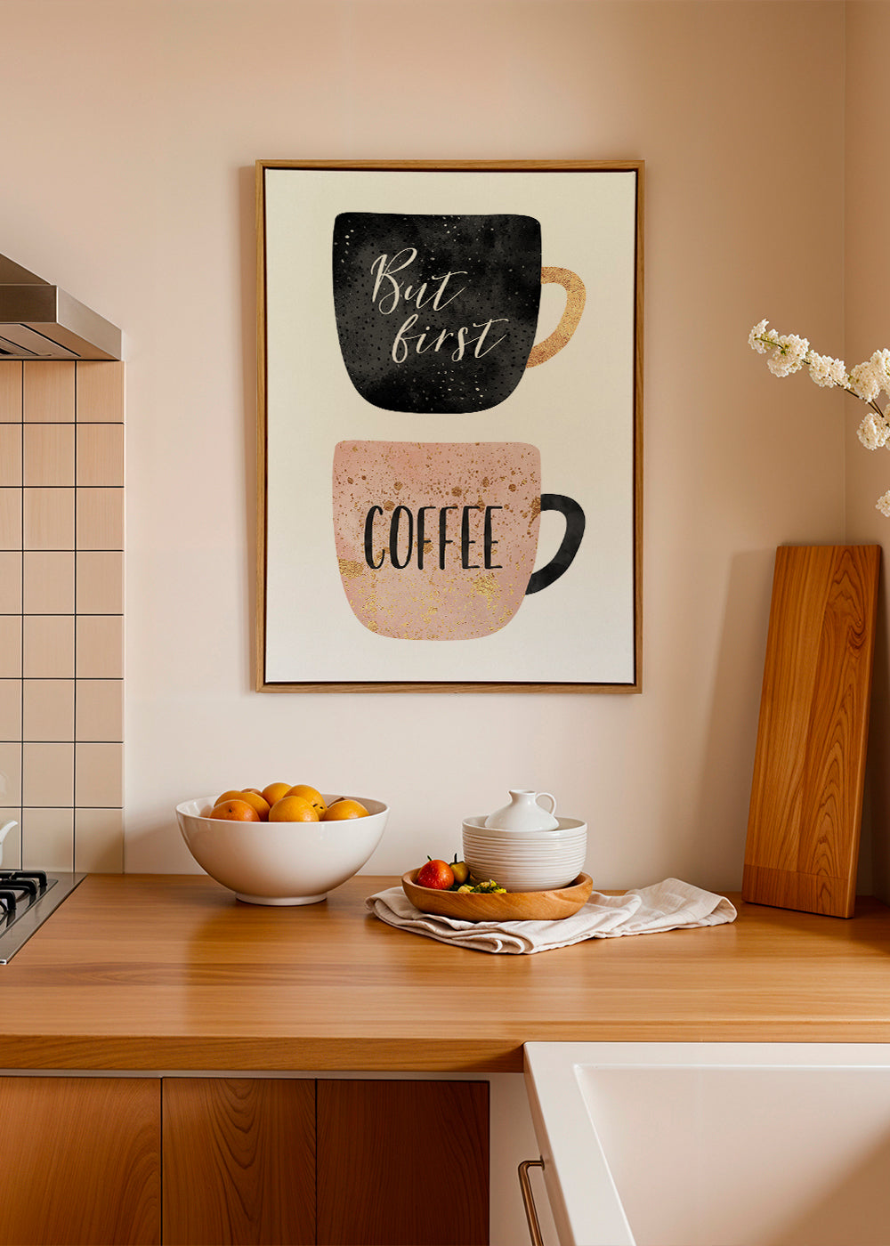 Kökskonst: illustrerade kaffekoppar med text