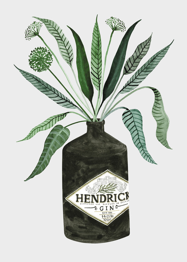 Kökskonst Hendrick's-flaska med bladverk